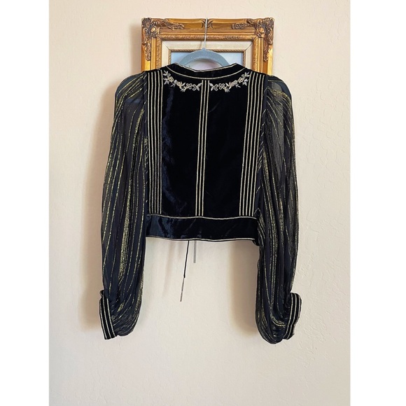 ZARA NWOT Black Velvet & Metallic Gold Floral Embroidered Beaded Cropped Jacket - Picture 16 of 17